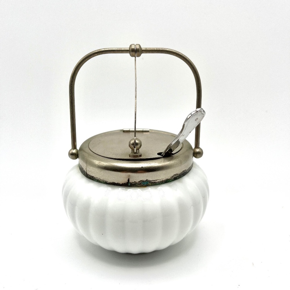 Vintage milk glass sugar bowl with hinged lid